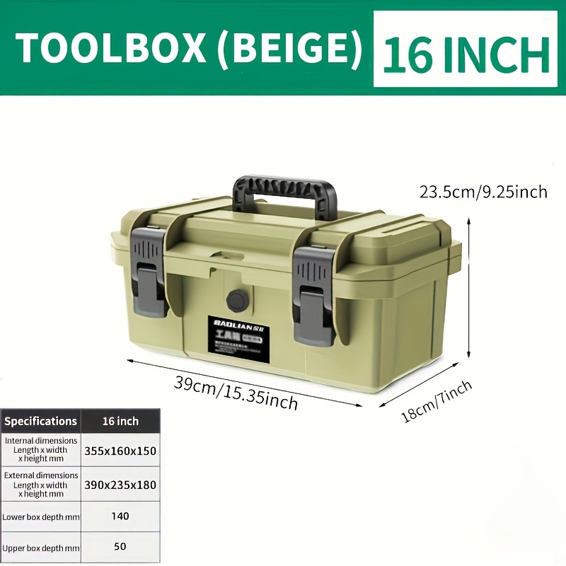 Image of 16-inch Waterproof Toolbox, Hard Hardware Household Car Portable Shockproof Equipment Case, Suitcase Style Safety Instrument Tool Box