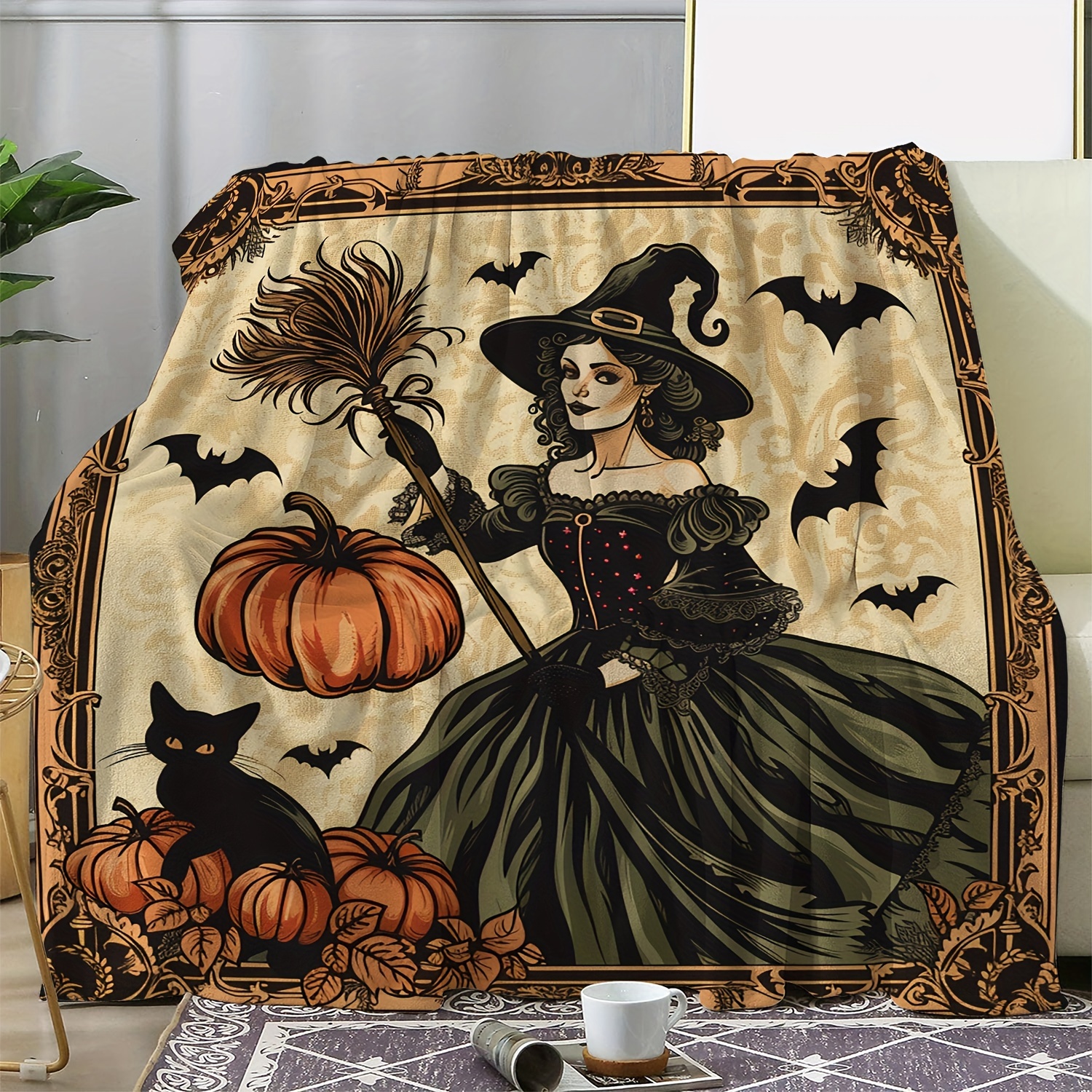 

Cozy Vintage Halloween Flannel Blanket - Witch, Black Cat & Pumpkin Design | Soft, Warm Throw For Couch, Bed, Car, Office, Camping | All-season Gift Blanket Halloween Blanket