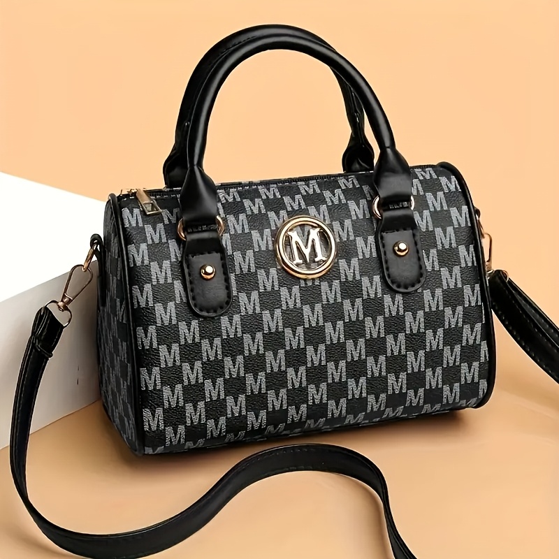 TEMU Elegant Women's Crossbody Bag With A Golden 'm' Logo - Made Of Lightweight Pu Material, Featuring An Adjustable Shoulder Strap And A Top Handle,