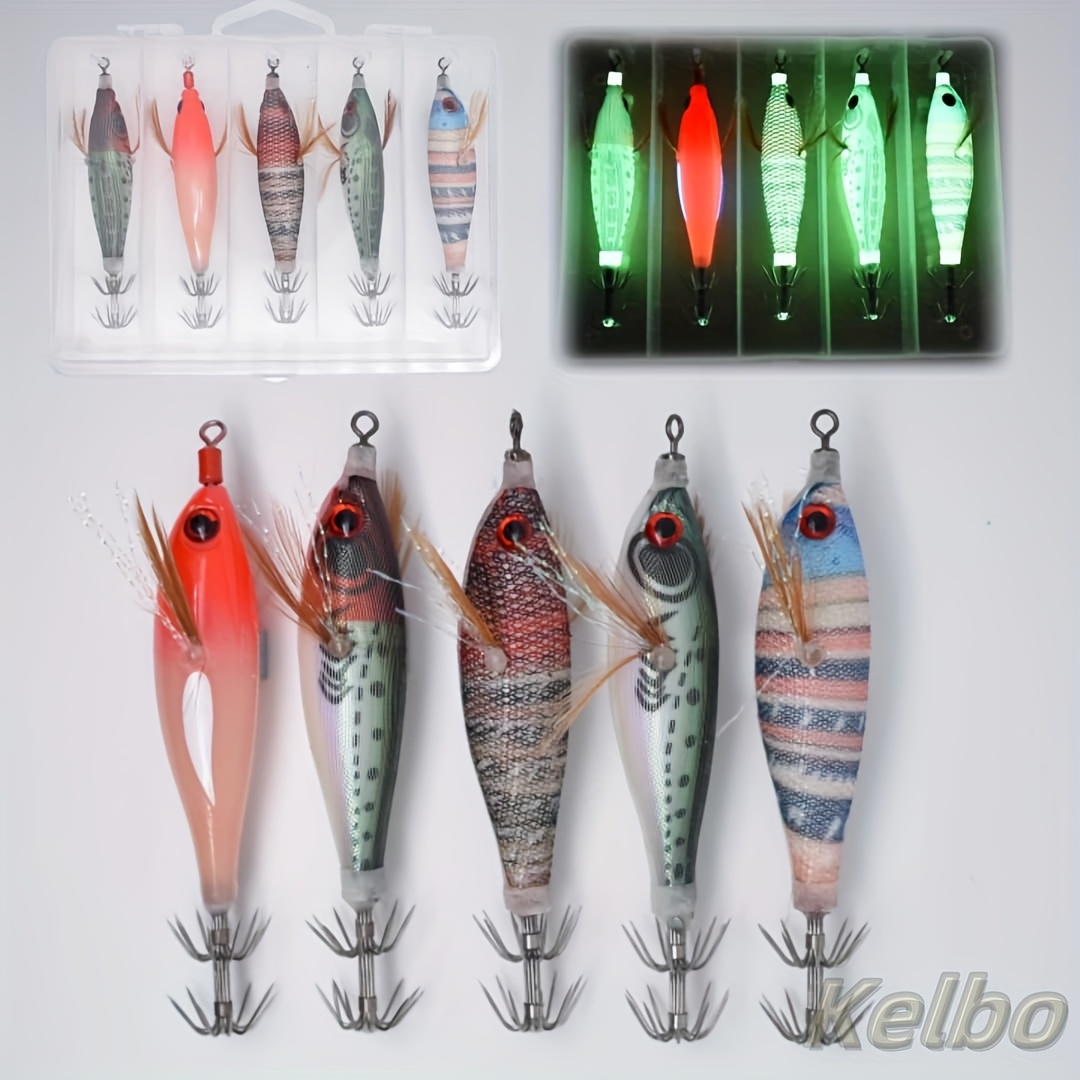 TEMU Set di 5 esche da pesca con 3D, progettate per la cattura di gamberetti di legno, luminosi e polpi, completo di una scatola di immagazzinaggio