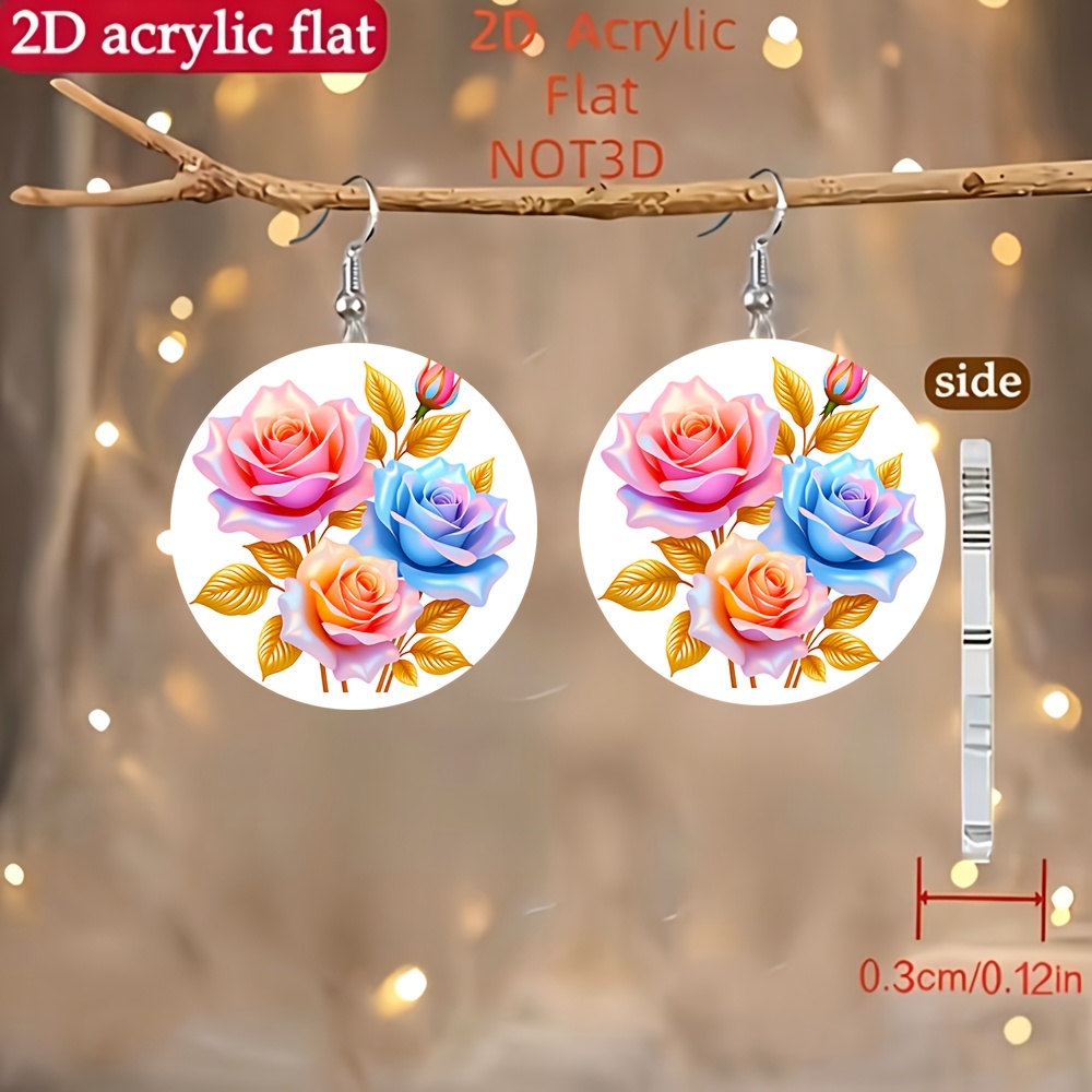 2D Acrylic Pink Blue Gradient Rose Earrings, Daily Wear