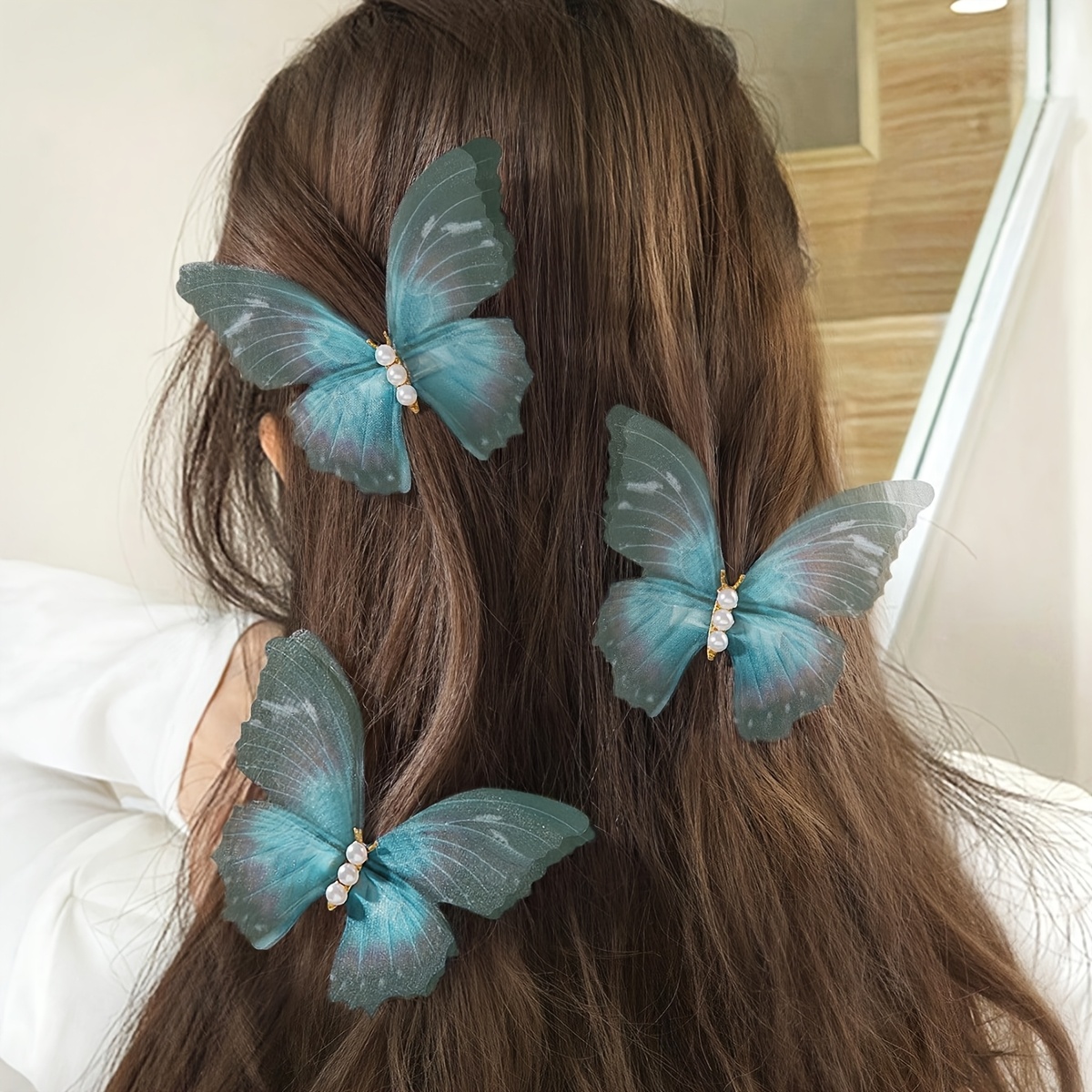 TEMU 3pcs Ethereal And Elegant Tulle Hair Clips For Women, Photo Props, Photo Pearl Side Clips, Hair Clips, Ancient Style Temperament Hair Additions