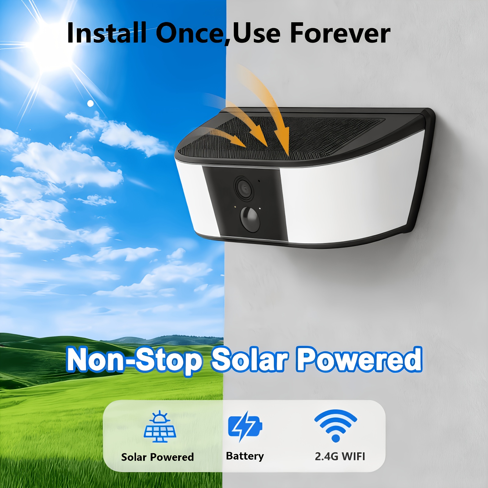 TEMU Telecamera a muro solare, Telecamera di solare da esterno a muro, Telecamera di solare wireless da esterno per domestica con luce ad attivazione