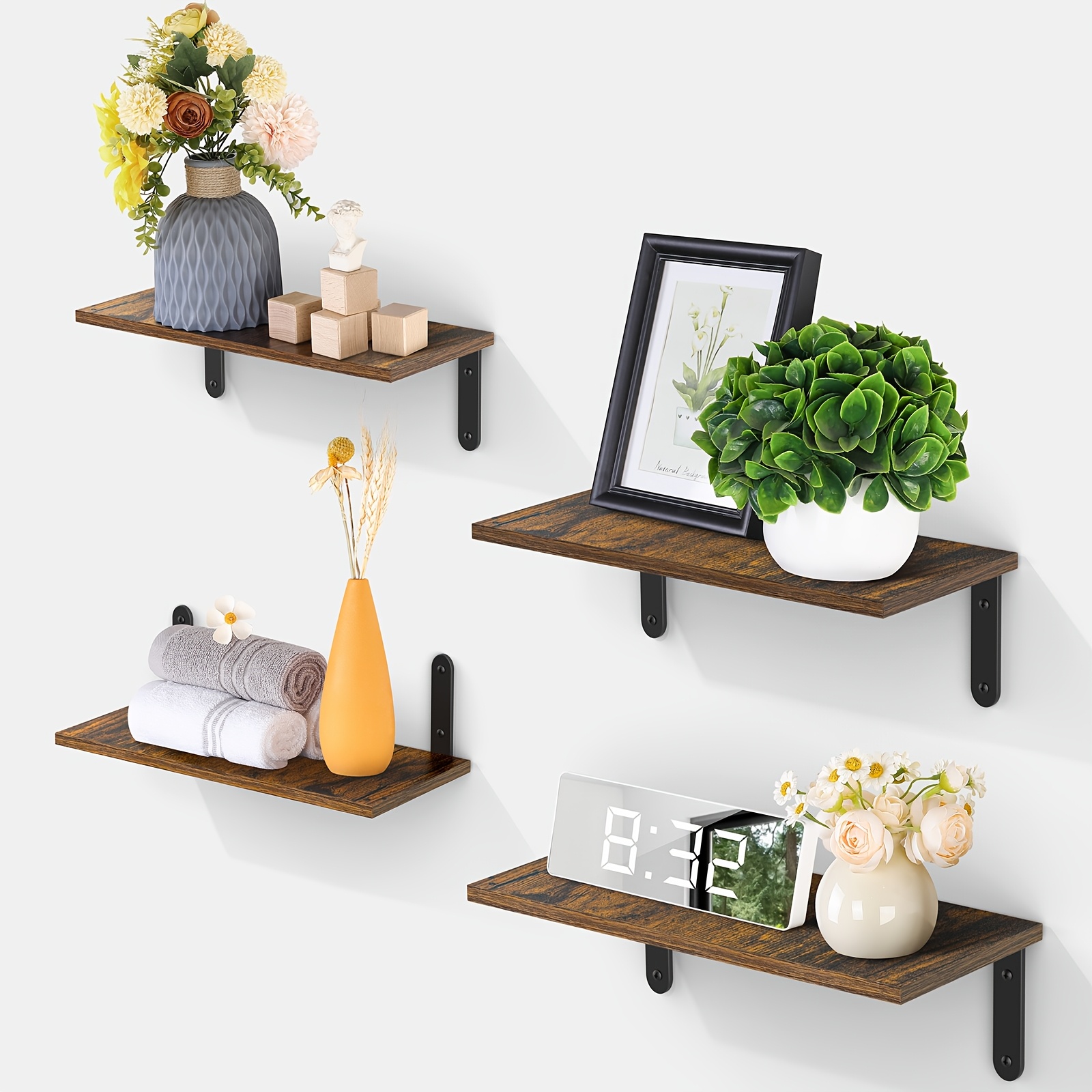 Image of Set Of 4 Floating Shelves, Wooden Wall Shelves Designed For Storage, Suitable For Living Rooms, Kitchens, And Offices