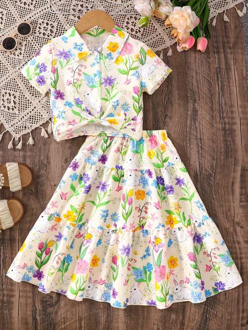 2pcs girls summer floral rabbit short sleeve collared shirt pleated skirt set fresh country style childrens clothing