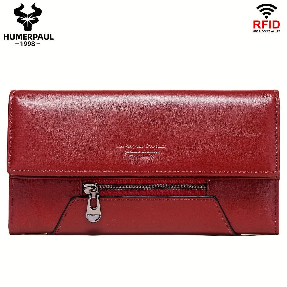Image of For Hummer Genuine Leather Women's Long Wallet, Top-grain Cowhide Clutch With Zipper Coin Pocket, Rfid-blocking Multi-card Slot Evening Bag