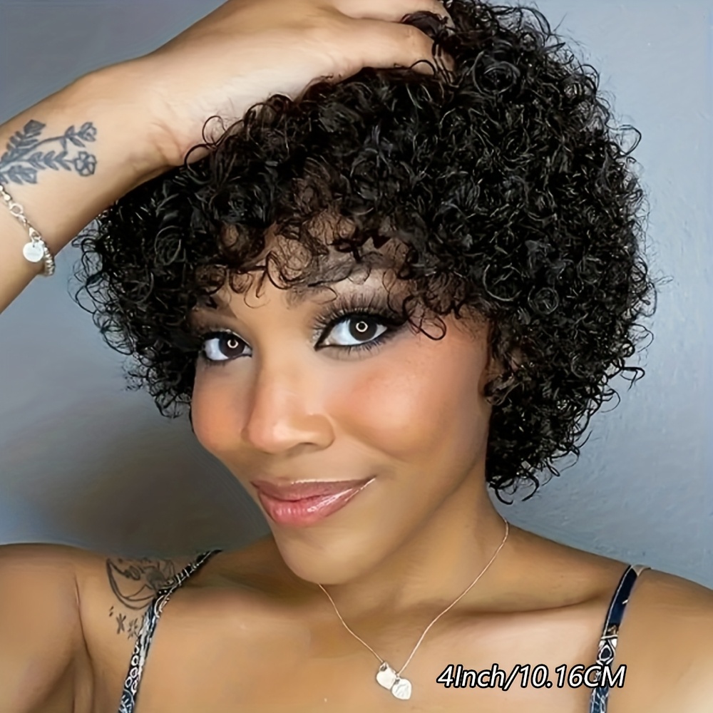 Image of Short Curly Cut Wigs Human Hair For Women, 180% Density Wig With Bangs, , Machine Made Glueless Non-lace Afro Wig Natural Looking