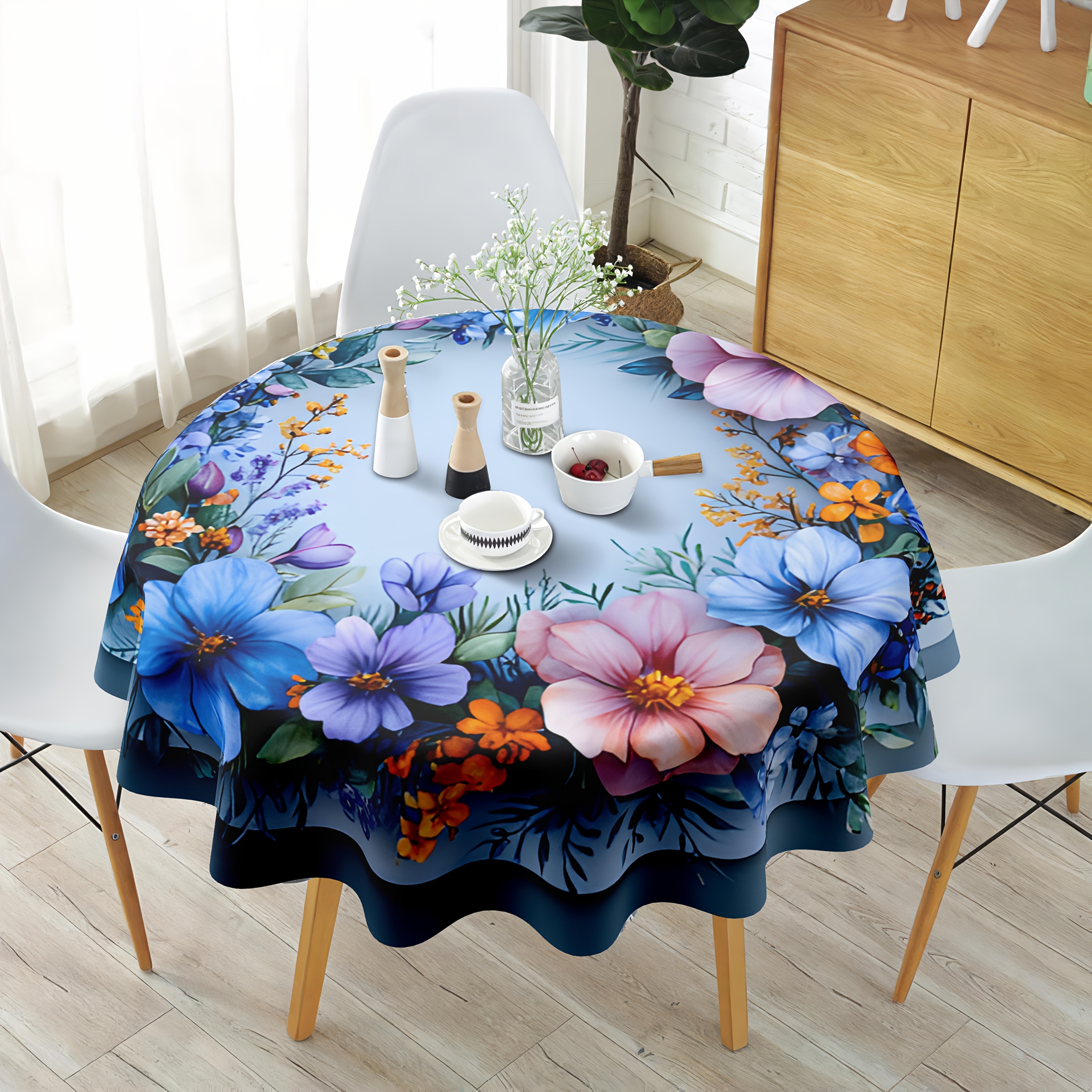 

Elegant Blue Floral Round Tablecloth - Waterproof, Stain-resistant Polyester, Home Kitchen & Dining Party Decor, Wrinkle-resistant, Room Decor