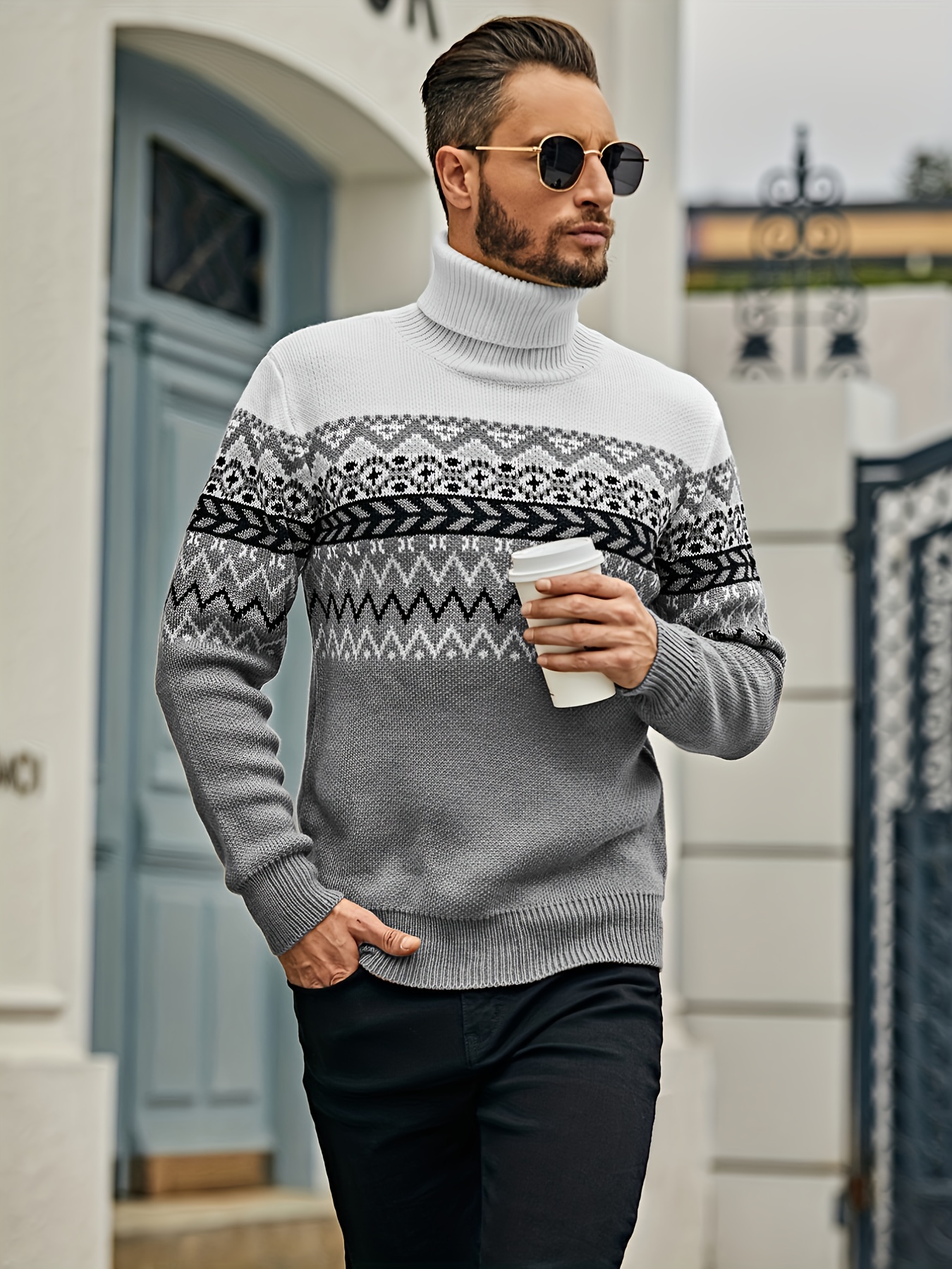 men's geometric pattern high neck knit sweater soft warm - Temu