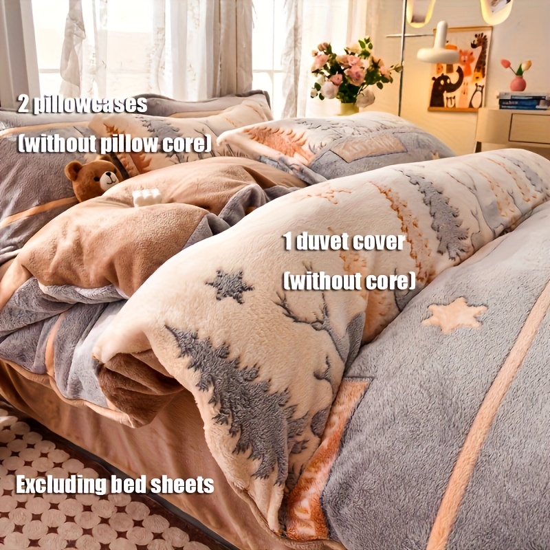3-delige set 1 melkfluweel dekbedovertrek + kussensloop herfst en winter warm dekbedovertrek kussensloop set dikke pluche beddengoed - Afbeelding 3