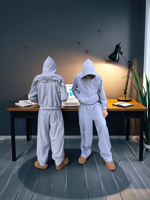 2026 mens and womens y2k set same style shoulder sleeve hoodie wide leg pants with velvet 2pcs set