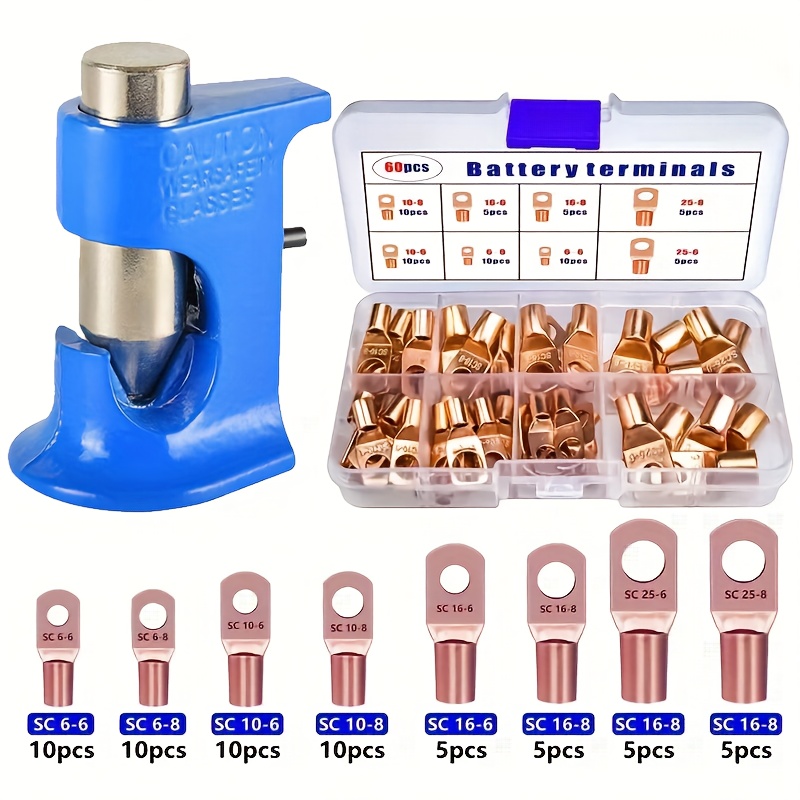 E-shop 60-teiliges Hochleistungs-Kupfer-Crimp-Terminal-Buchsenkit mit multifunktionaler Handzange - SC6-25 Kabelschuhanschlüsse, SAE/JIS Standard (SC-6