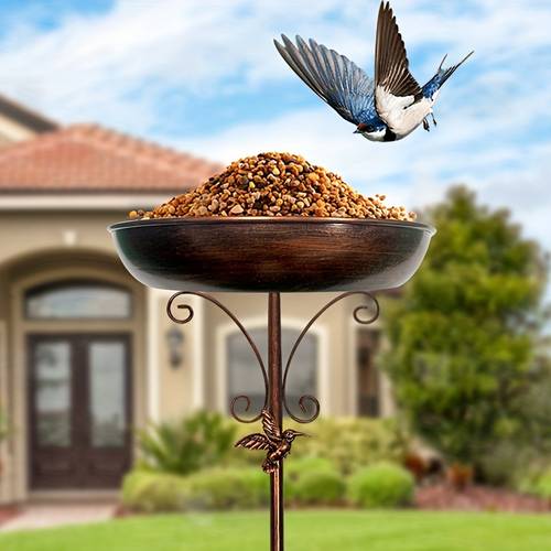 extra large antique bronze metal bird bath with 3d emblem adjustable high quality basin on decorative stake for secure garden installation easy assembly garden bird bath vintage garden decor sturdy construction bird bath for outside