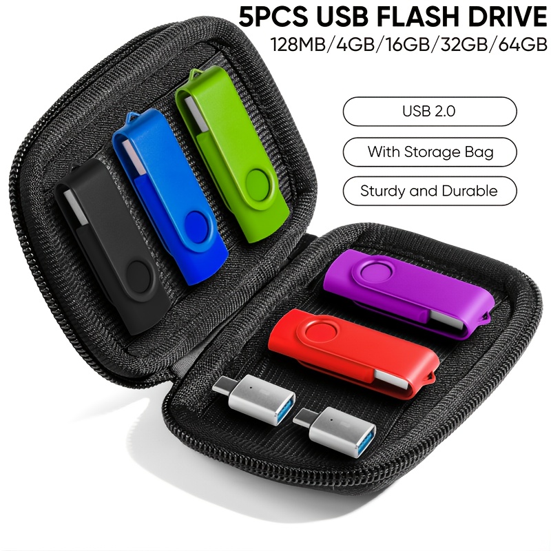 USB Flash Drive Bundle: 5pcs 128MB/4GB/16GB/32GB/64GB USB 2, 0 Thumb Drives with Storage Bag And 2 USB-C Adapters, Portable Storage Sticks for Data Transfer, Compatible with OTG Android Phones, Mac, PC, Laptops