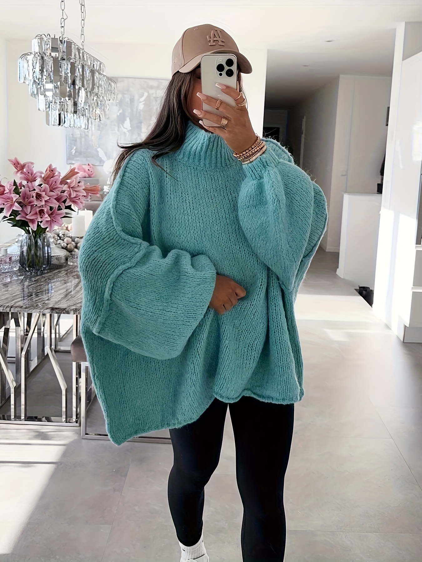 plus size women's cozy teal oversized sweater high neck long