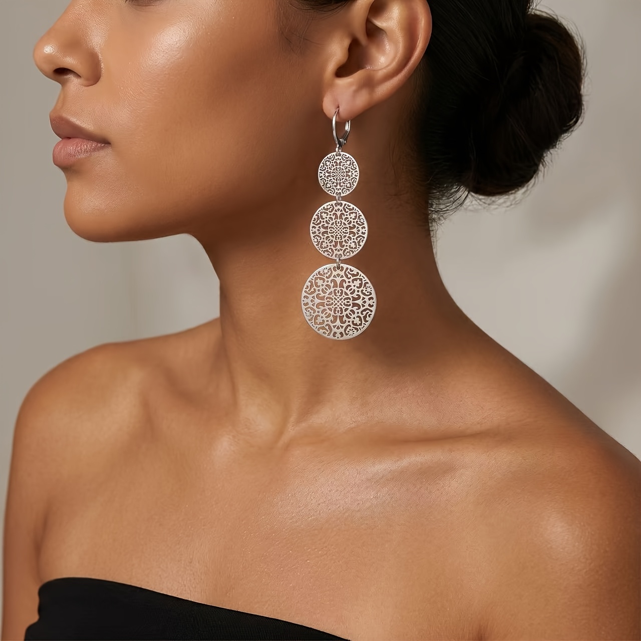 TEMU 1 Pair Women's Fashion Draped Earrings, Spring Summer Retro Elegant Bohemian Style Hollow Carved Round Plate Three-layer Draped Ear Jewelry,