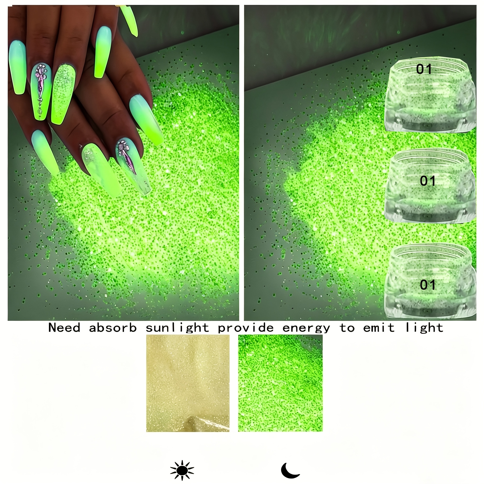 Image of 3pcs Fluorescent Luminous Glow In The Dark Under Black Light Chunky Glitter Neon Mermaid Effect Chrome Nail Need Sunlight Provide Energy To Bright Nail Powder