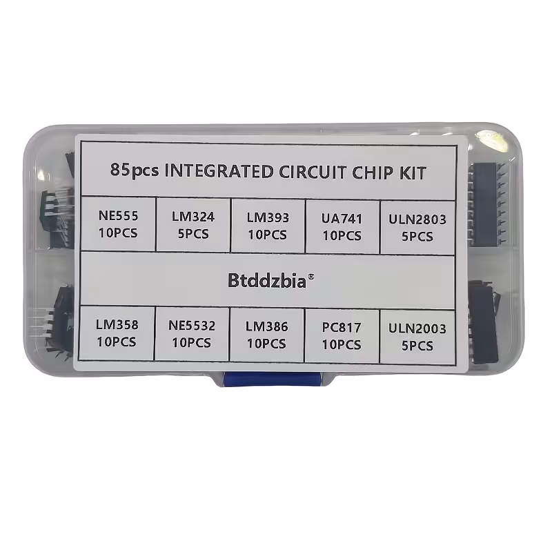 juego de 85 piezas de chips de circuitos - un de plástico con 10 ics (ne555, lm393, ua741, pc817, uln2803, lm324, lm386, uln2003, ne5532, ) para reparaciones , sin alimentación Detalles del producto 0