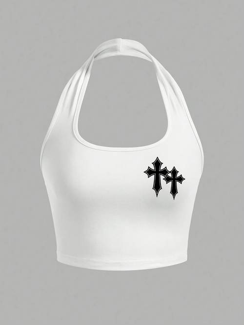 womens casual cross pattern print halter neck tank crop top
