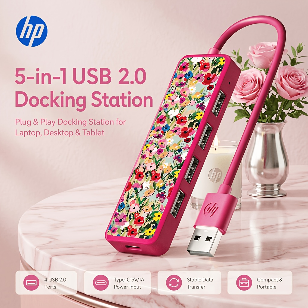 TEMU Floral Print Usb 2.0 , Portable Docking Station With 4 Usb Ports And Type-c 5v1a Power Port, Compact Data Compatible With Windows Android Ios,