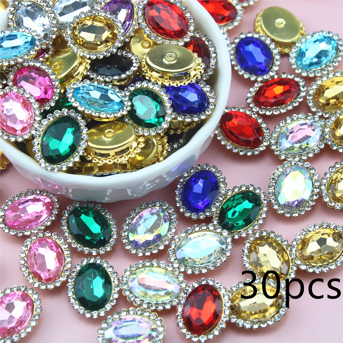 TEMU 30 Colorful Oval Ring Gems With Holes, Suitable For Clothing Decoration, Box Embellishments, Craft Supplies, And Hair Additions