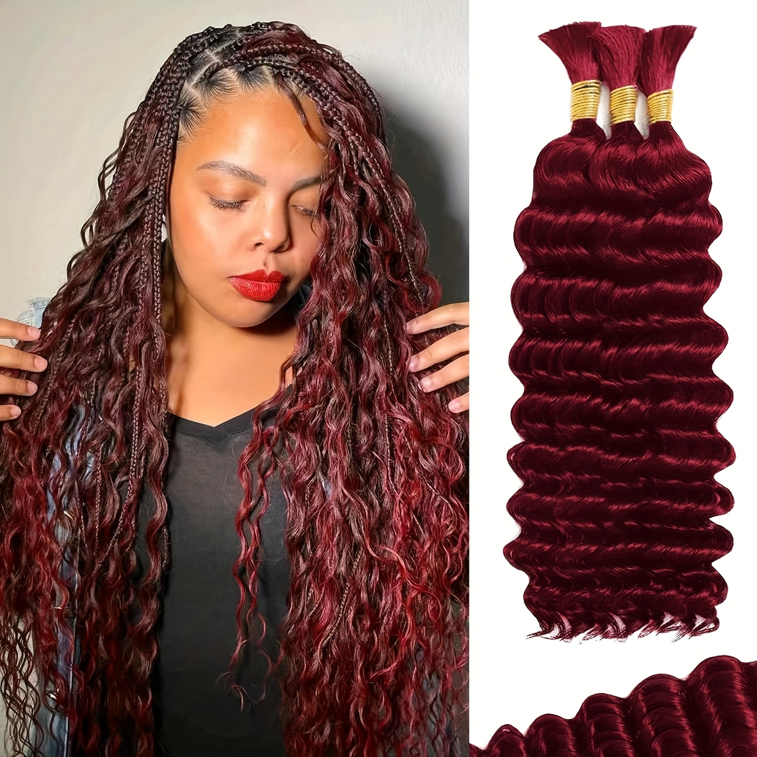burgundy brown human braiding hair boho braids deep wave - Temu display picture 3