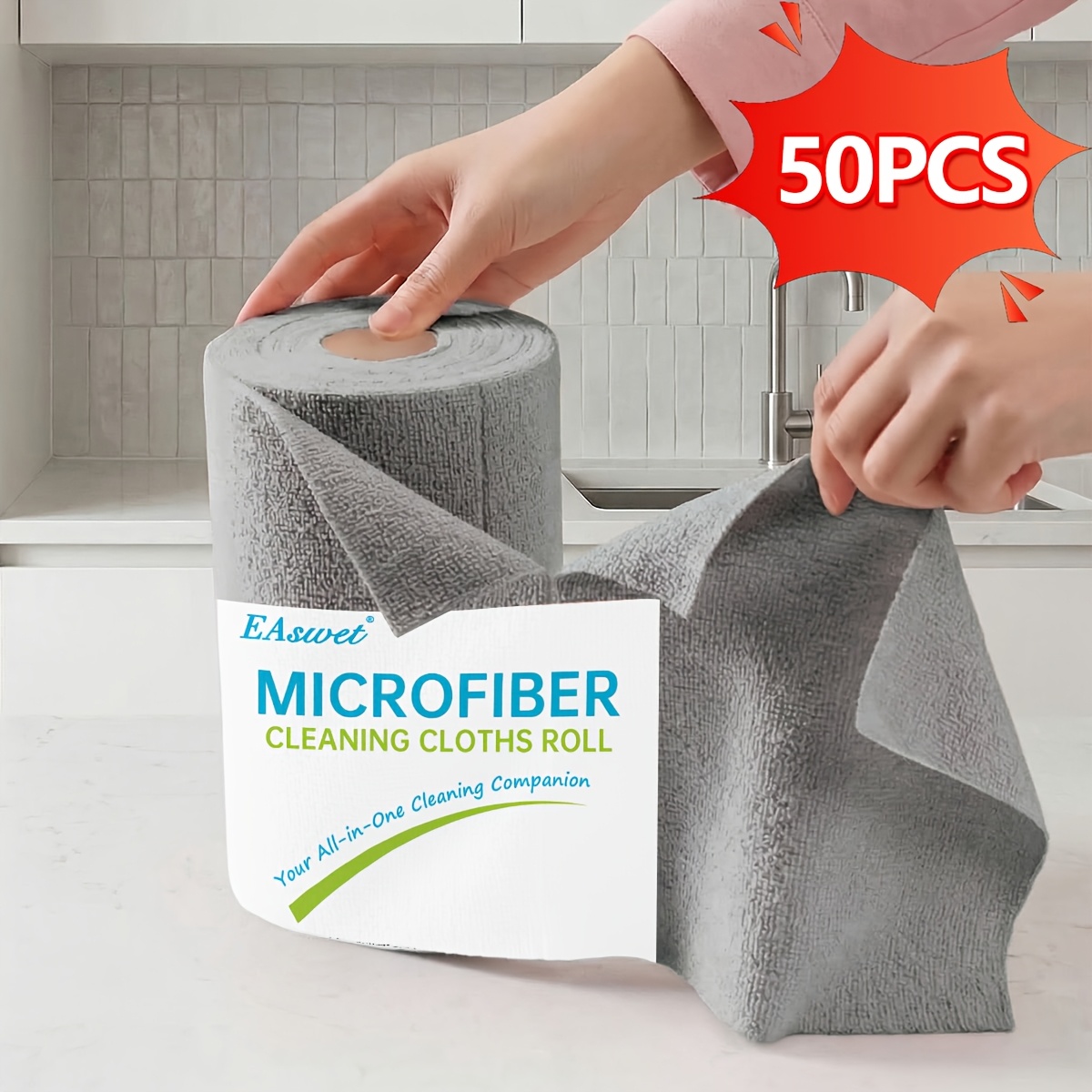 TEMU 50 piezas de paños de limpieza de microfibra EAswet para el hogar, rollo reutilizable, lavable y desgarrable a con hojas, paños de cocina súper