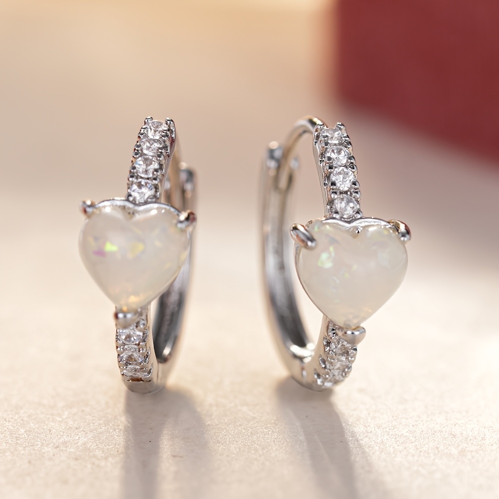 Delicate And Heart-shaped Synthetic Opal Zirconia Hoop Earrings For Women, Perfect For Engagement Parties, Banquets, And Valentine's Day Gifts