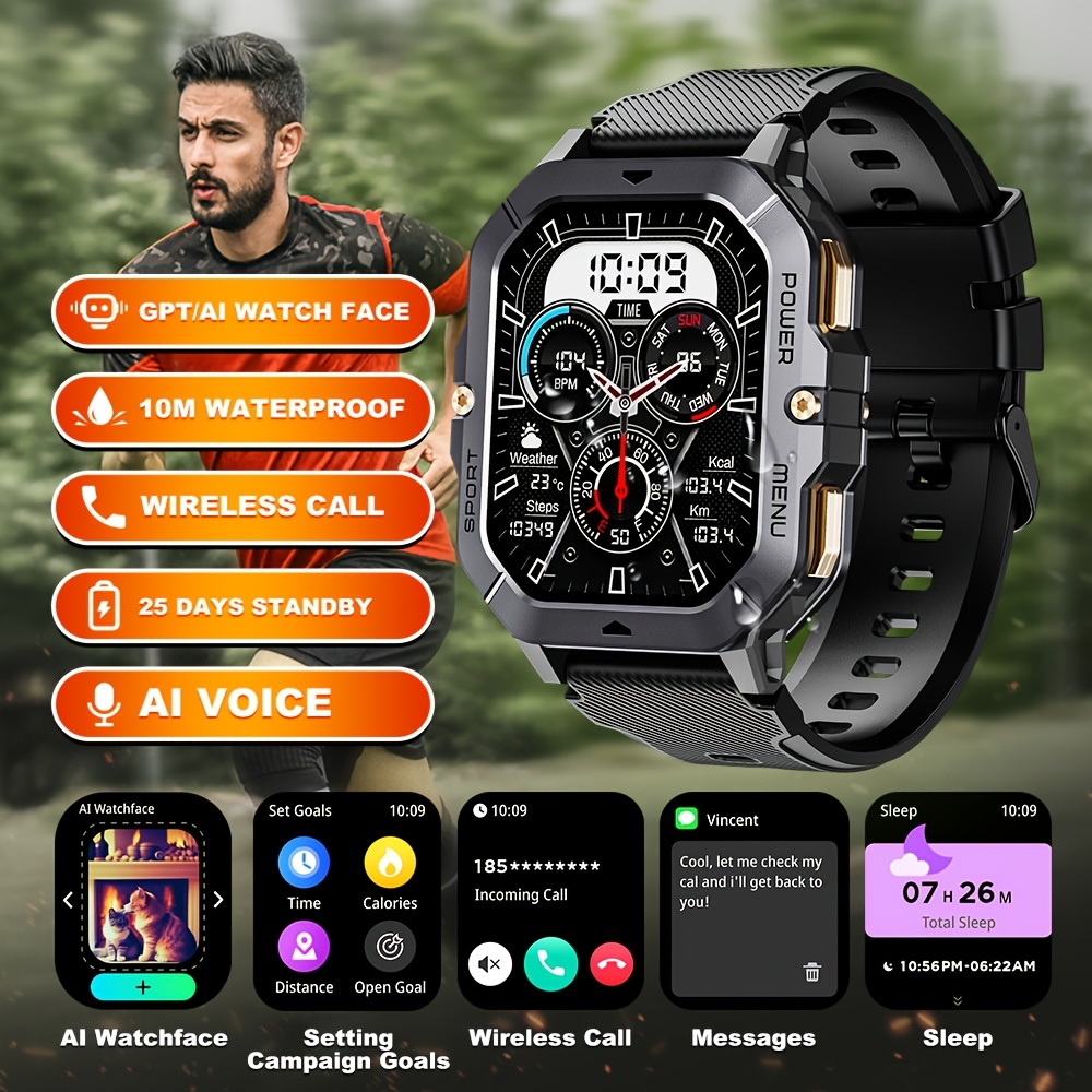 5.13 cm Full Screen Touch Smart Watch for Men with AI Voice, 100+ Sports Modes, Sleep, Step, Calorie, Pressure Monitoring, Calls And SMS Alerts, Sports Watch Smart Band for iPhone/Andriod