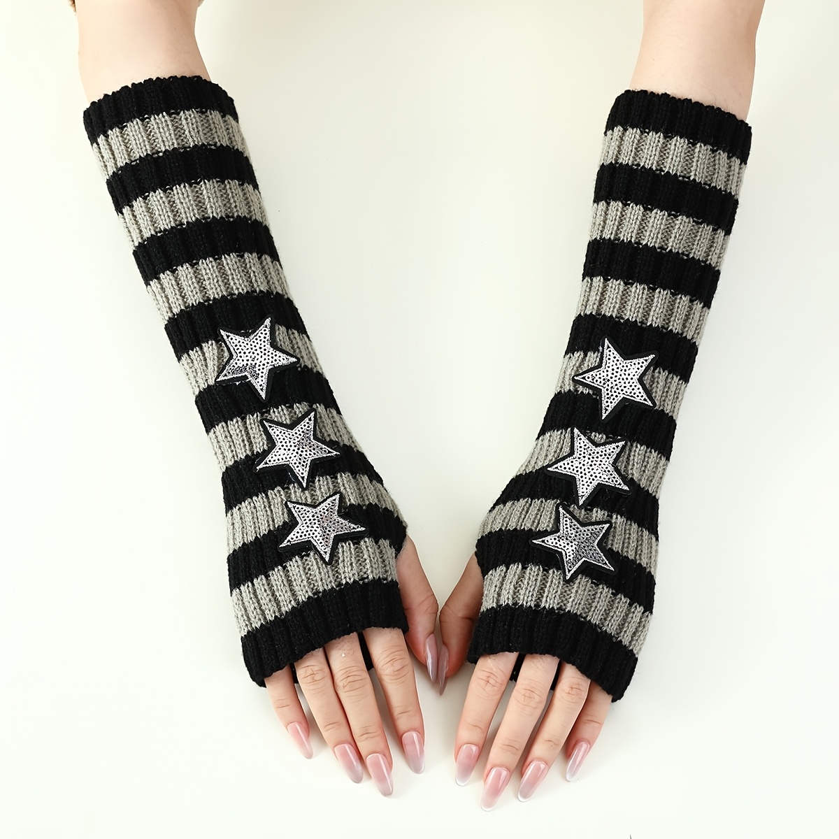 TEMU A Pair Of Five-pointed Star 30cm Striped Color-blocking Gloves, Outdoor Warm, Cold-proof And Windproof Sleeves, Fashionable Personality, Simple