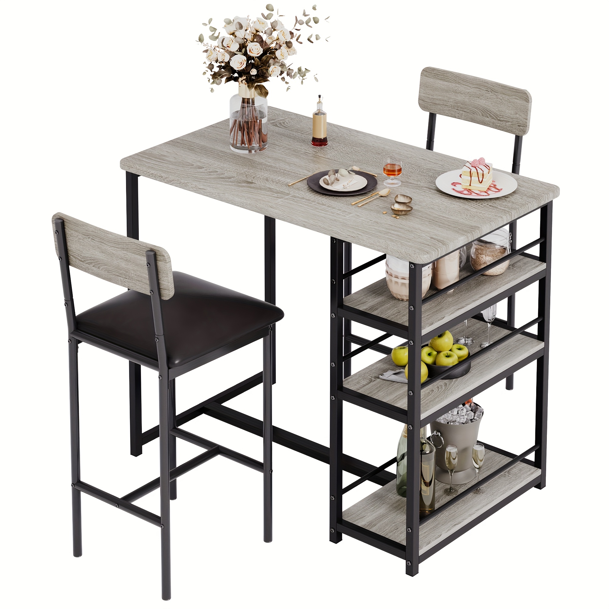 Dining Table Set For 2, Bar Table And Chairs For 2, Kitchen Table Set With 2 Upholstered Chairs, 3 Large Storage Shelves, Pub Table Set For Small Space, Apartment, Breakfast
