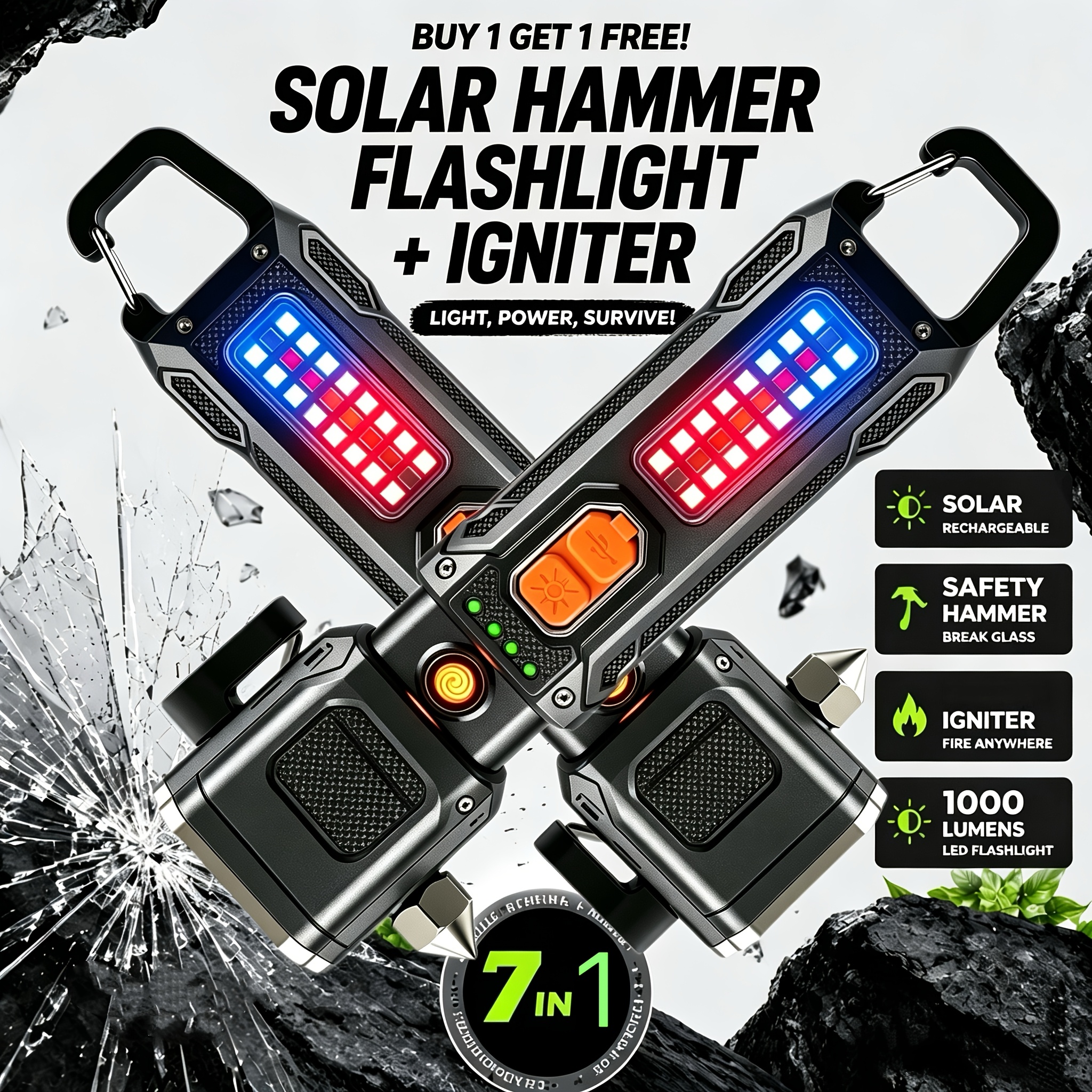 TEMU Buy 1 Get 1 Free Multifunctional Car Safety Hammer Flashlight, Rechargeable Flashlight, With Car Window Breaker And Seatbelt Cutter Cob