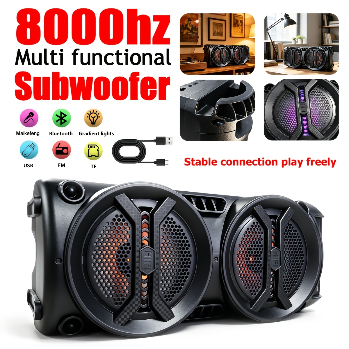 TEMU 8000hz Wireless Speaker, Portable Subwoofer , Supports Microphone, Input With Led Lights, Compatible With