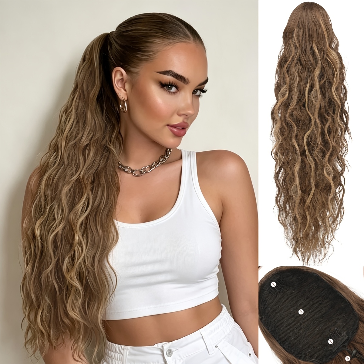 Barsdar Long Braid Ponytail Hair Extension With Drawstring Wavy Curly Synthetic Hair Extension Clip-in Hairpiece Synthetic Hair Ponytail For Women (26 Inches)