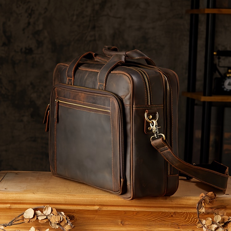 Crazy Horse Genuine Leather Scratch Repairable Men's Handbag, Handmade Vintage Crazy Horse Genuine Leather Tote Bag, Large Capacity Laptop Bag, Men's Single-Shoulder Crossbody Bag, Genuine Leather Business Briefcase