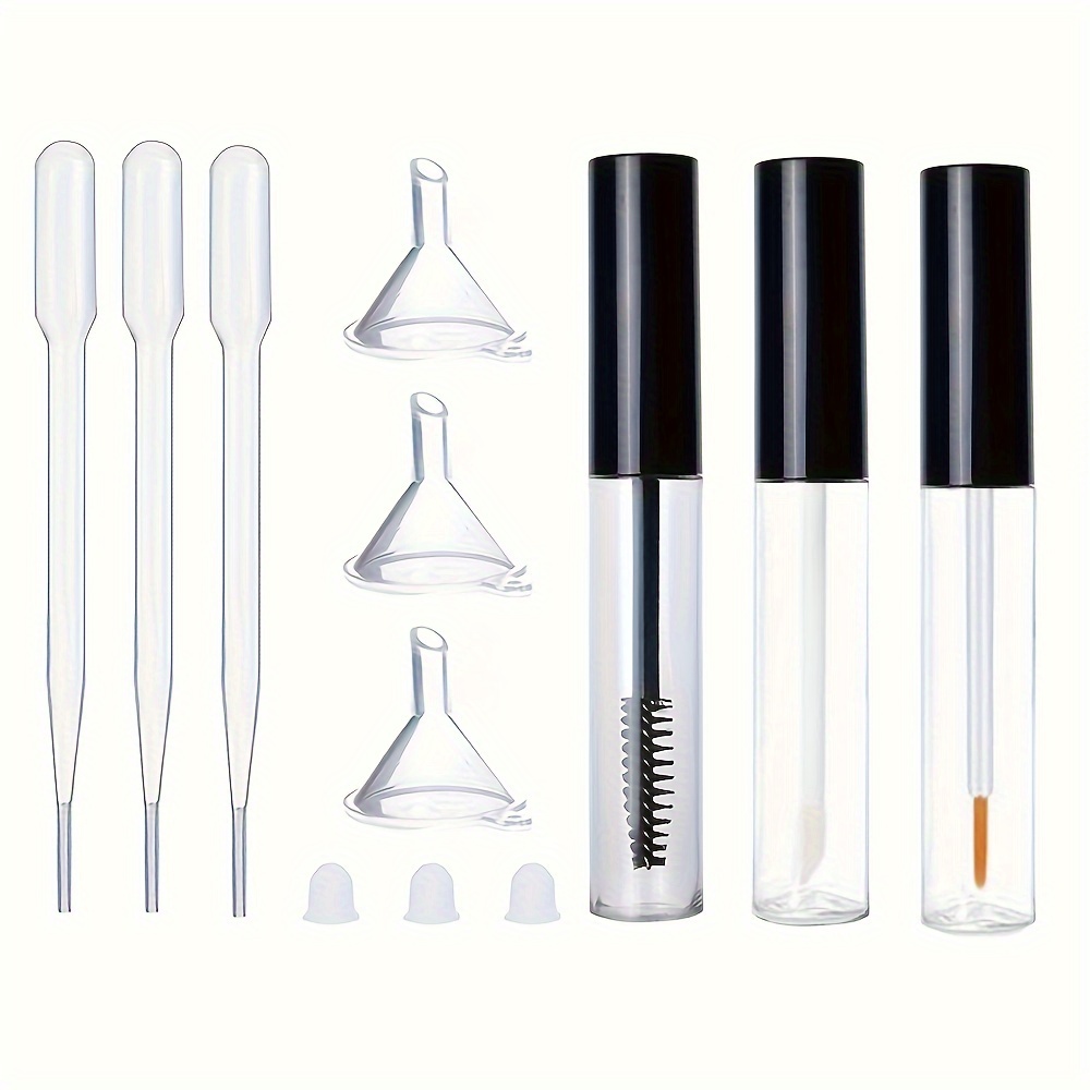 

3pcs 10ml Clear Plastic Mascara Tubes With Eyelash Brushes, Lip Gloss Containers - Ideal For Oil, Liquid Eyeliner & False Eyelash Adhesives - Includes Funnels & Dropper Pipettes