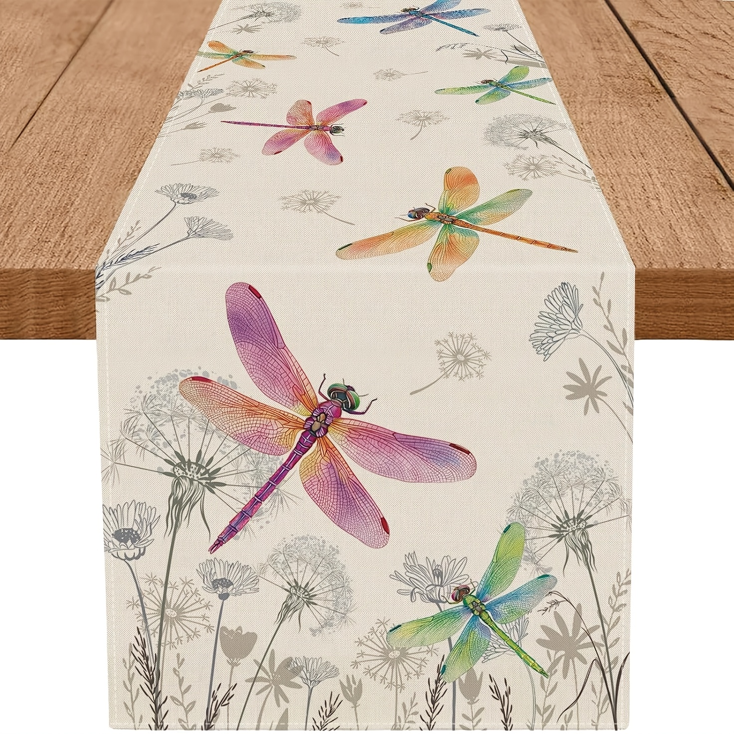 TEMU 1pc Dokriy, Spring Table Runner With Dragonfly Design For Table Decor, Perfect For Holiday And Spring Dining At Home Or Parties