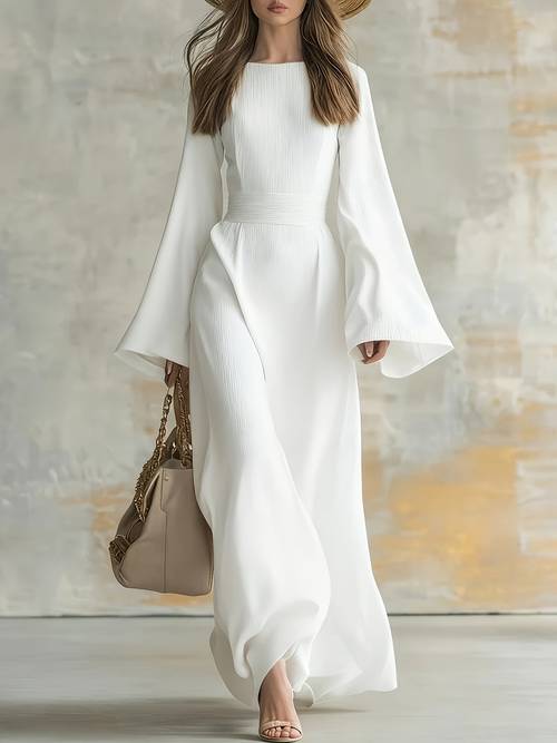 womens round neck solid color flared long sleeve maxi dress textured minimalist robe elegant commuter floor length dress