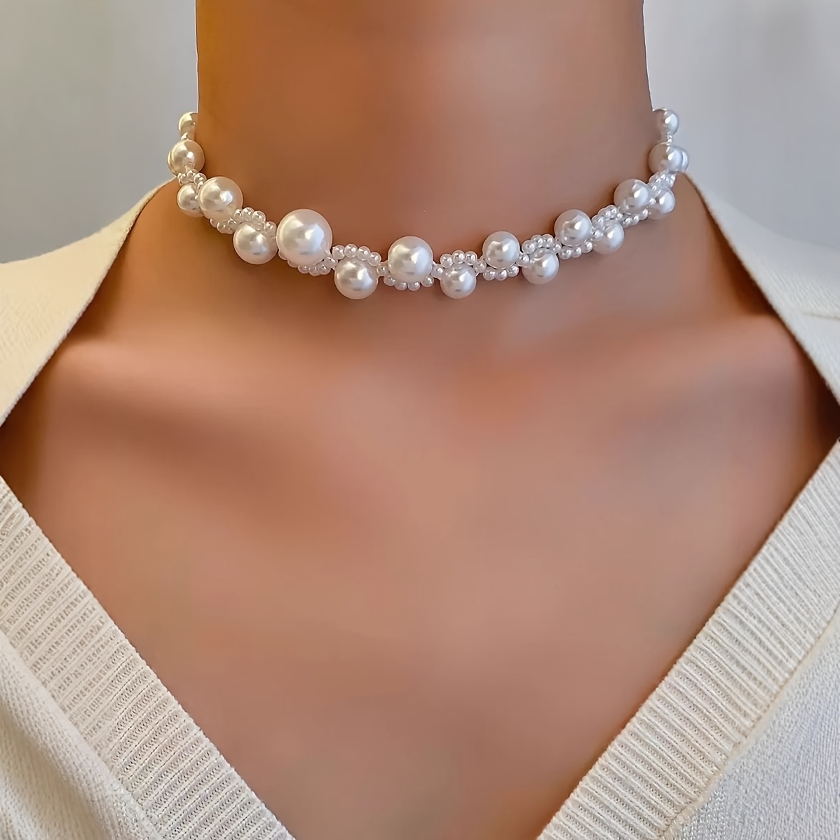 TEMU 1pc Collier Élégant Fait Main avec Perle, Chaîne Clavicule Tissée Vintage, Bijou de Mode pour Femmes, Accessoire de Mariage & Fête