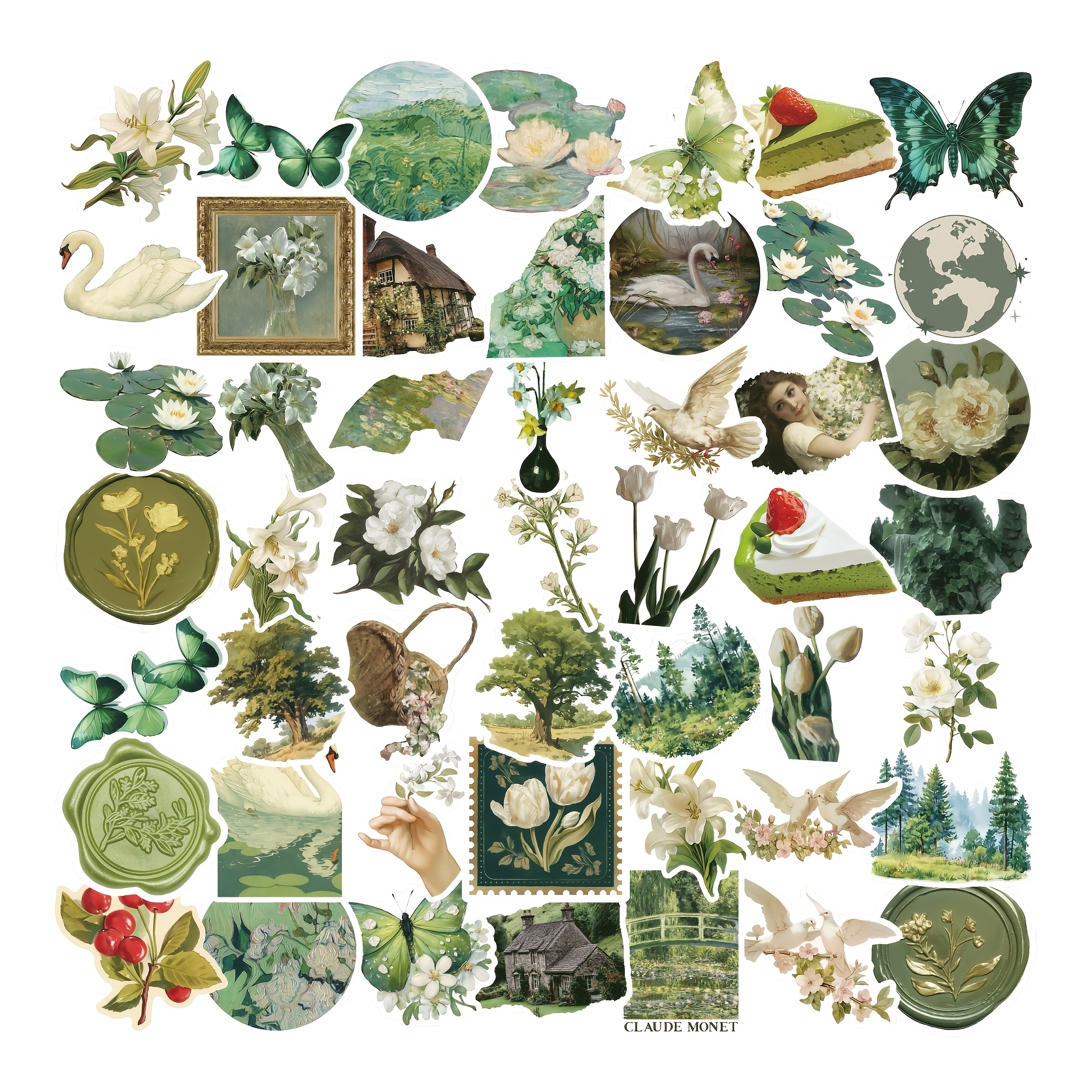 TEMU 60pcs Sage Green Aesthetic Sticker Pack Vintage Botanical Decals Nature Landscape Art Stickers Durable Floral For Laptop Water Bottle Phone Case