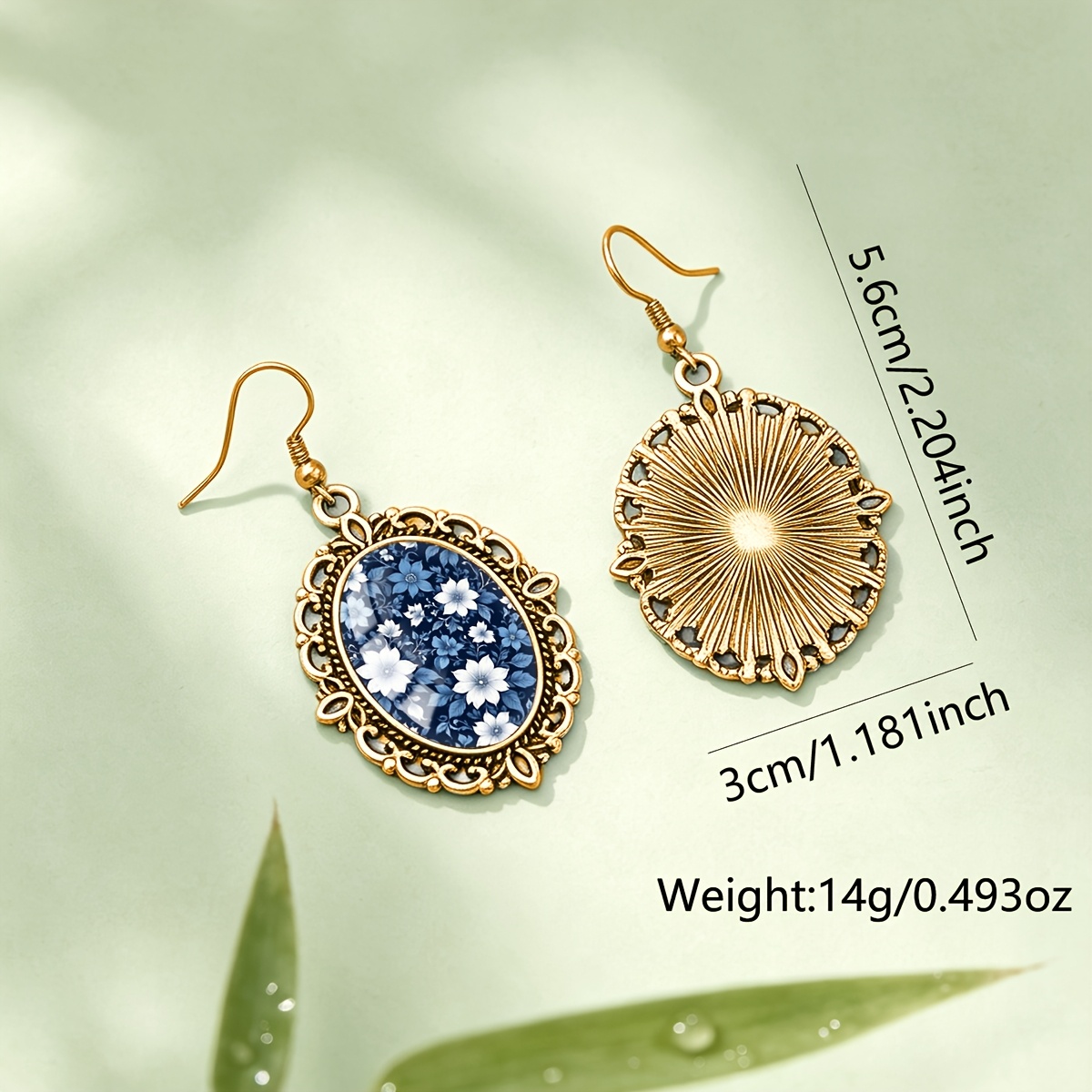 Navy Floral Pattern Oval Glass Lace Earrings