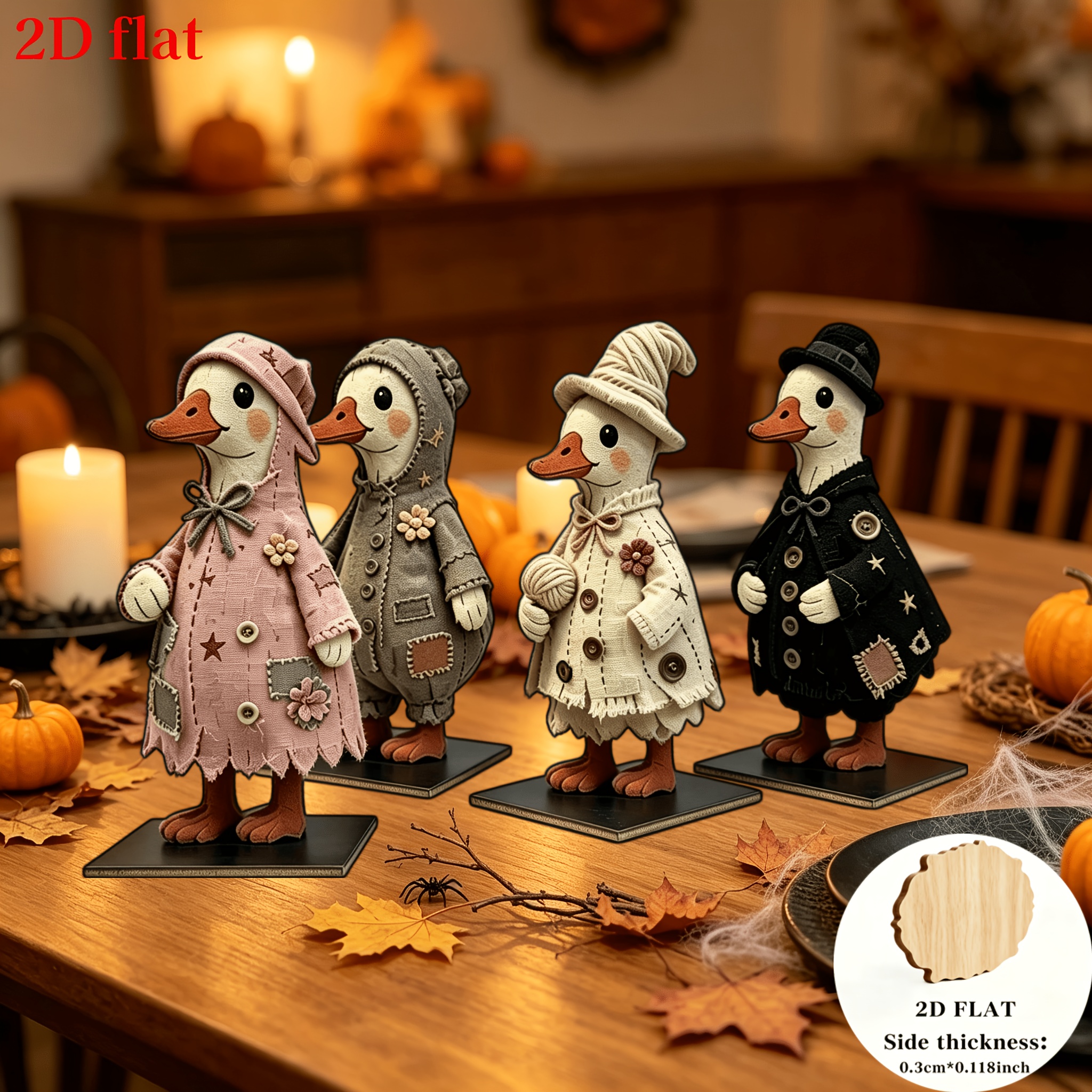 TEMU 2d Flat, 4pcs Vintage Figurines, An For Halloween Home Decor. 4 Duck Doll Ornaments, Perfect For Wooden Dining Tables, Entryway Consoles, Living