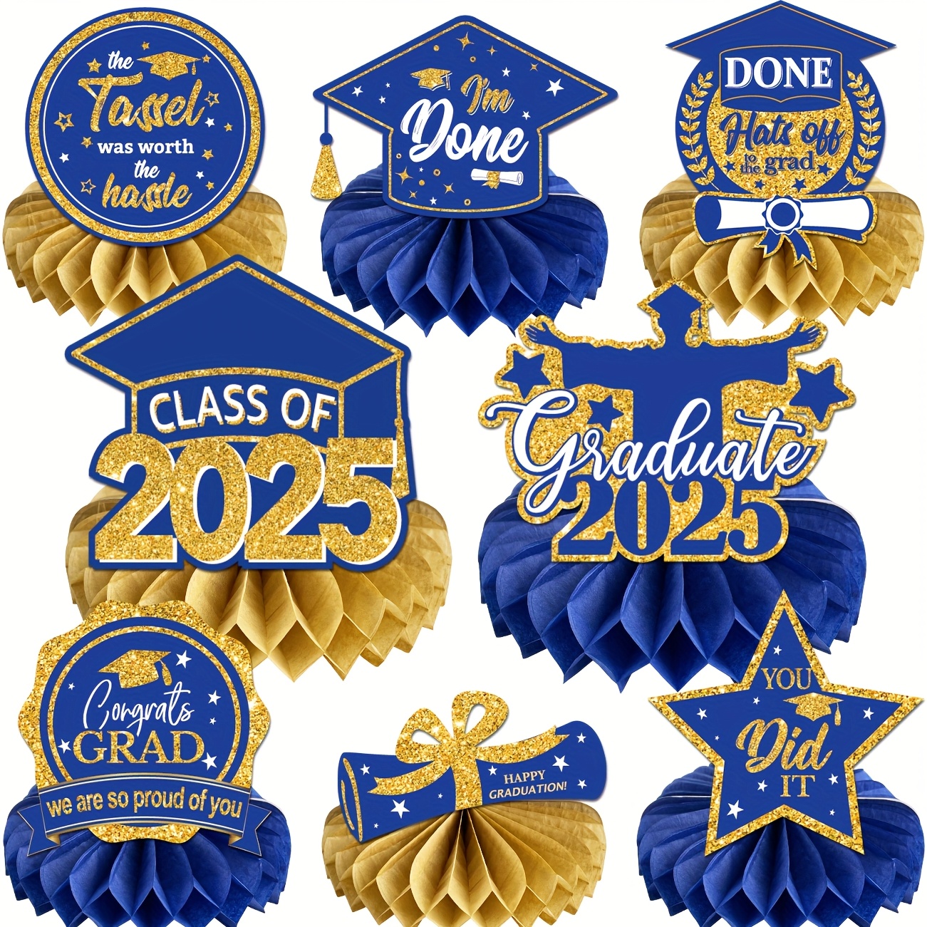 

Graduation Party Decor - Honeycomb Centerpieces & Toppers, Grad Table Decorations, No Power Needed