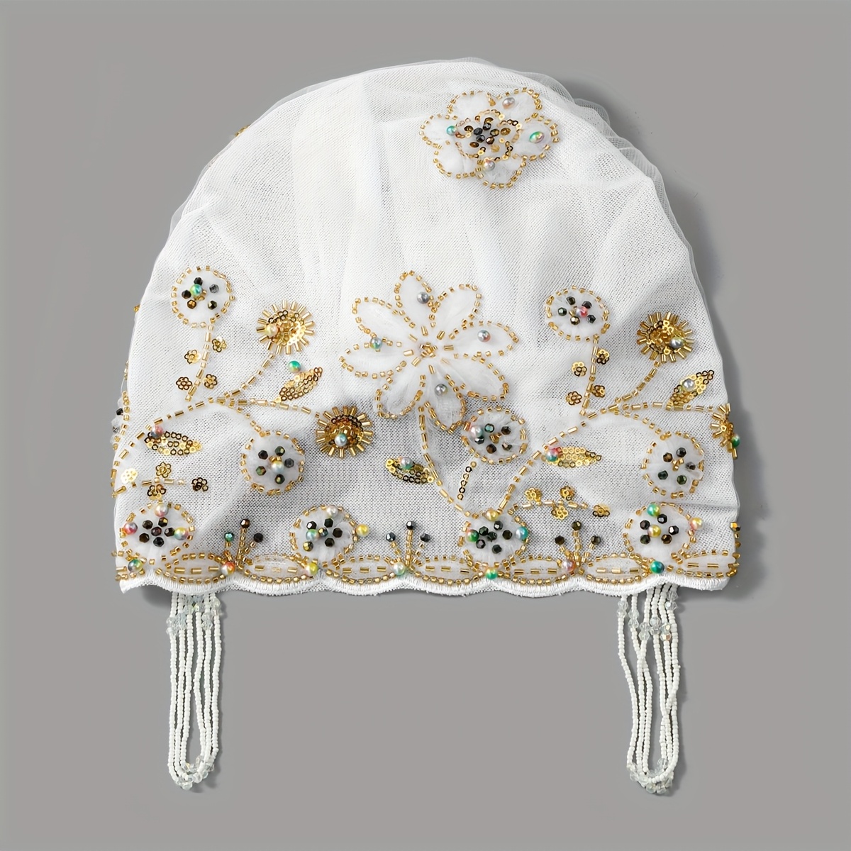 E-shop Vintage-Stil Mesh Gestickte Spitze Perlen Quaste Kopftuch, Handgefertigter Perlen Dekorativer Turban für Muslimische Frauen, Geeignet für