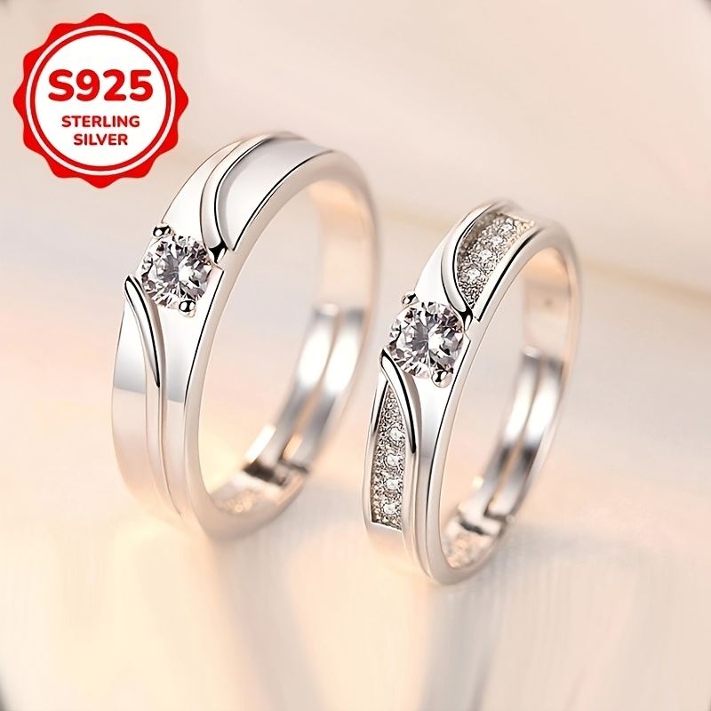 Image of 2pcs Set S925 925 Wedding Ring Set - Inlaid With Synthetic Synthetic Zircon​, Suitable For Men And Women, Adjustable , Very Suitable For Couples To Wear, Engagement Jewelry, Weight About 9.5 Grams