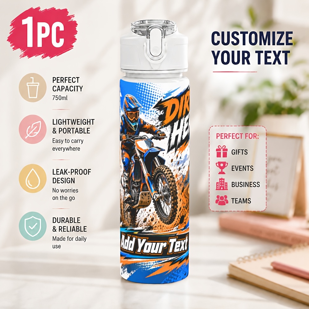 TEMU 1pc Personalized Motocross Bottle With Lid - Custom Name/text, 750ml Plastic Hydration Cup Suitable For For, Tailgate Parties, Birthdays, For