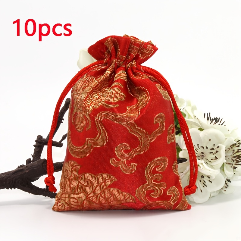 TEMU Gift For Her/him 10pcs Embroidered Brocade Drawstring Gift Bags - Golden Cloud Pattern, Vibrant Colors (golden, Red, Blue), 10x14cm/3.94x5.51in
