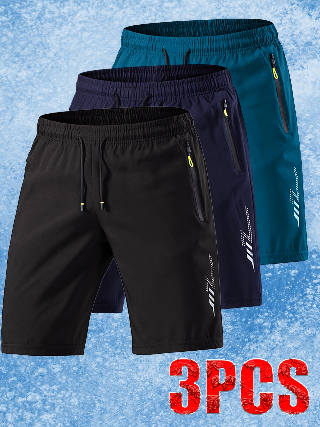 3pcs Men'S Ice Sliky Fiber Fabric Athletic Shorts - Soft Comfortable Fabric with Lightning Bolt Print, Elastic Waistband & Drawstring, Side Pockets, Lightweight Breathable Design for Summer, Travel, Gym, Casual Wear - Solid Color (, Dark, Teal)