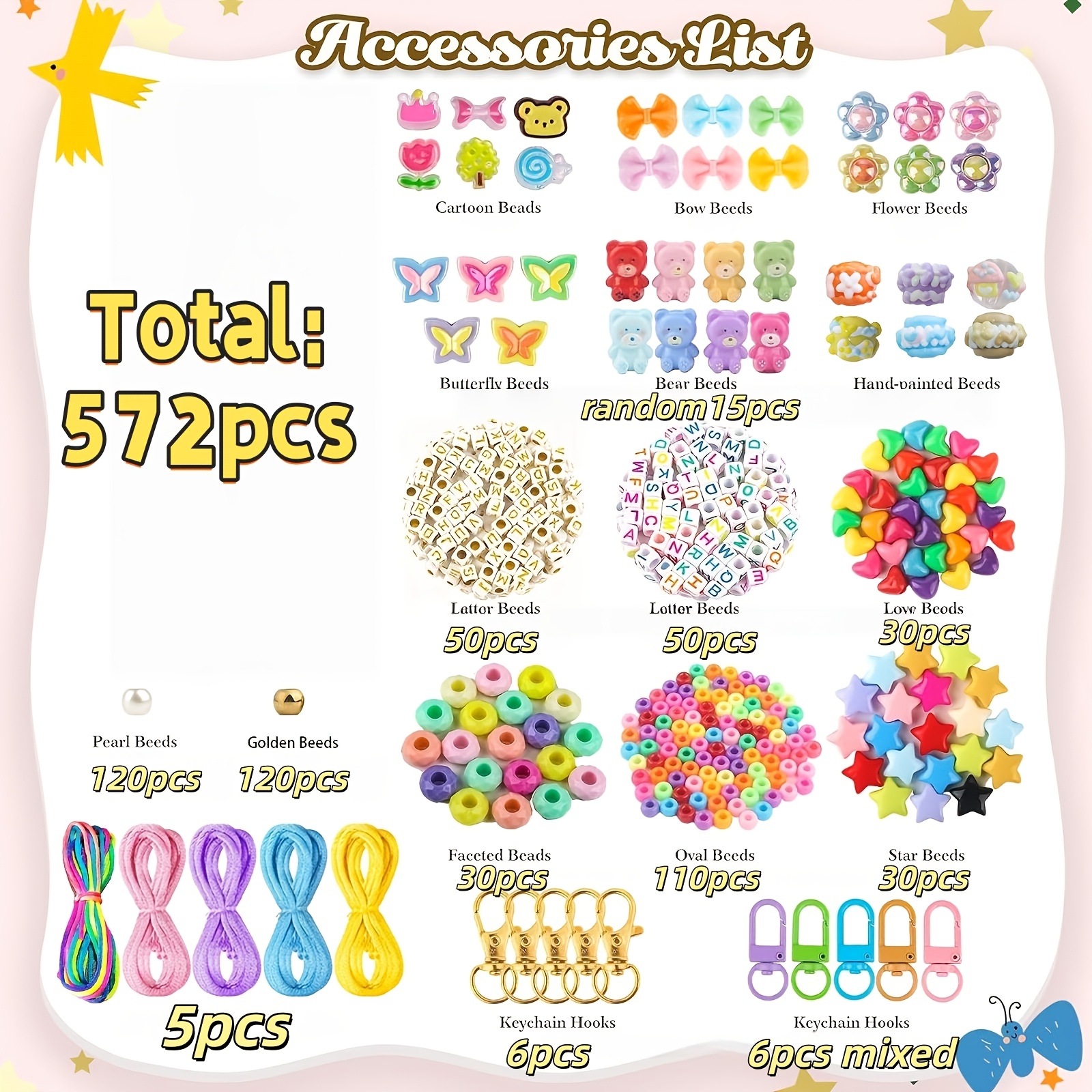 TEMU 572pcs Fashion Bead Craft Kit Including Alphabet Beads, Star Beads, And Flower Large Hole Beads, Random Mixed Colors Suitable For Beginner