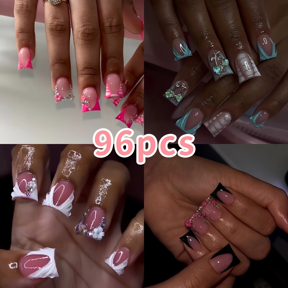 Free Jelly Glue 4pcs and Nail File 4pcs, 96pcs European Press-On Nails Set with Glamorous Sweet French Sparkle Floral Stripes, Cherry Blossom Waves, Color Block Square Duckbill Medium Size Fake Nails Combo for s and Women Gift